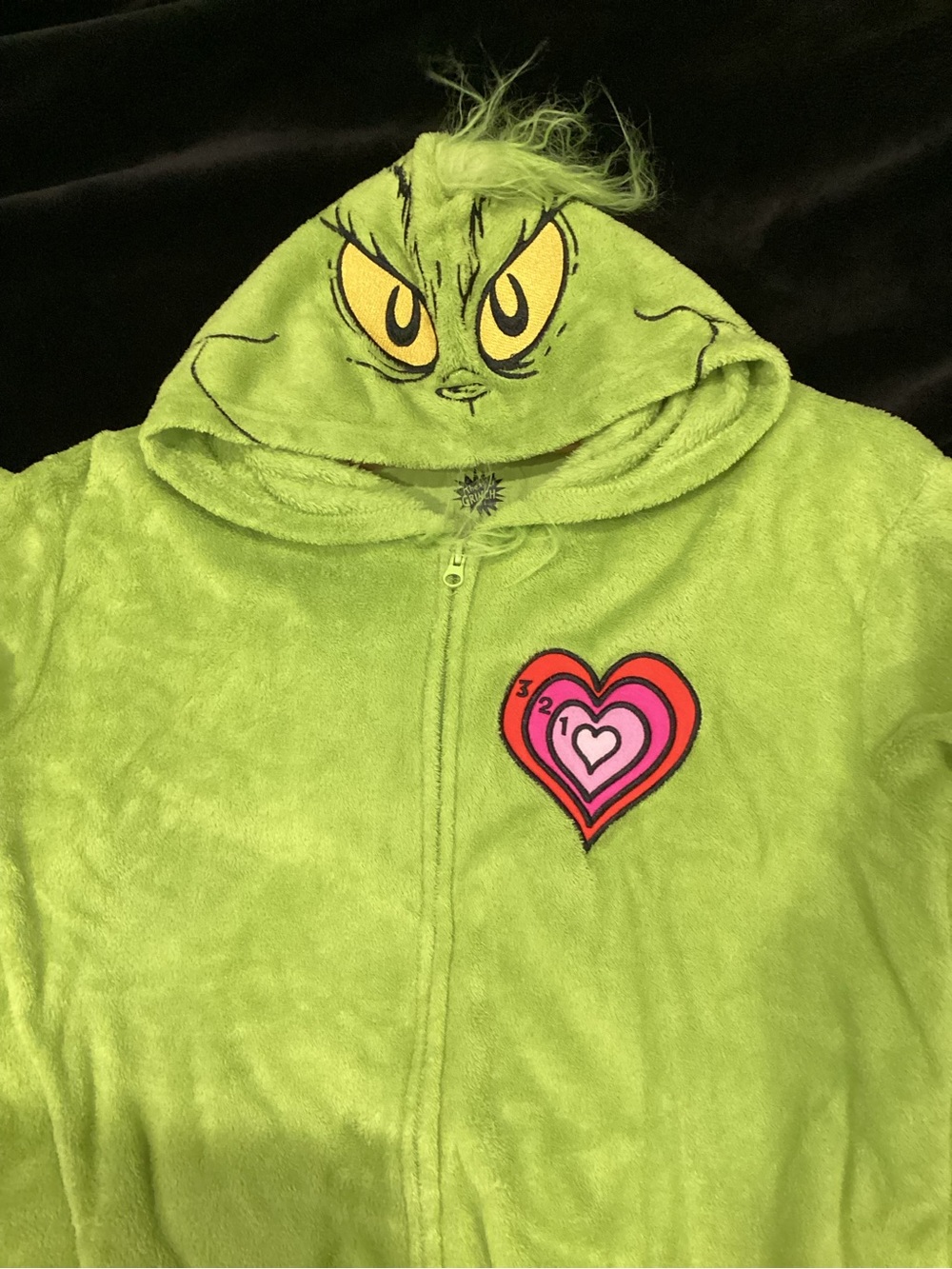 Green Grinch Hooded Zip-Up Sweatshirt with Heart Patch